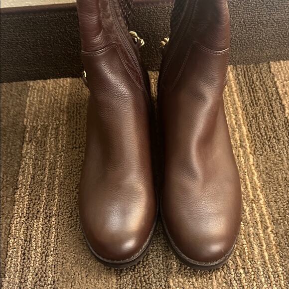Cole Haan Idina Brown Stretch Leather Riding Boots with Chain Detail - Picture 9 of 11